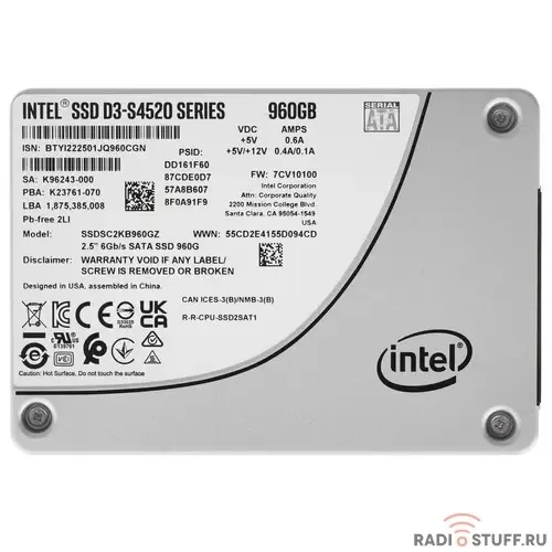 Intel SSD D3-S4520 Series, 960GB, 2.5" 7mm, SATA3, TLC, SSDSC2KB960GZ01