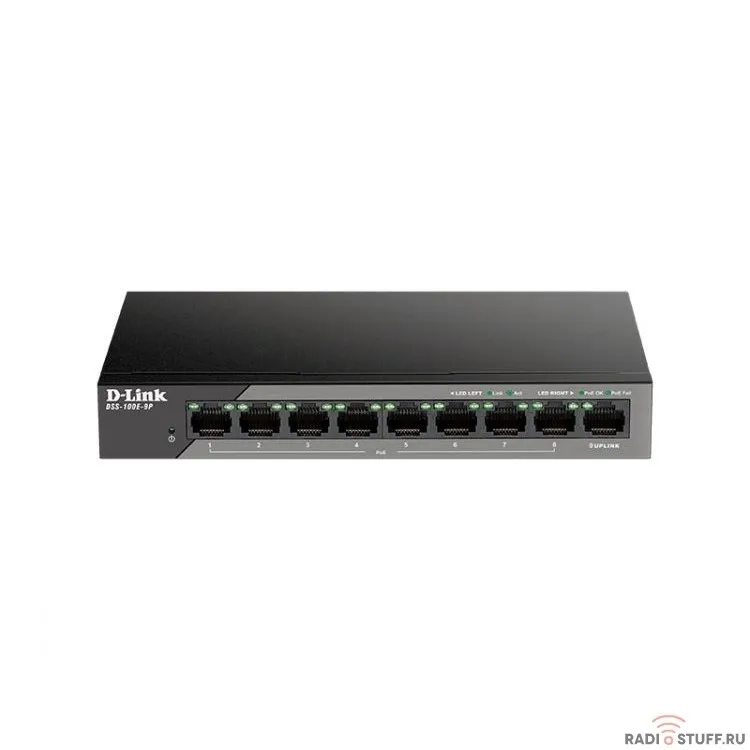 D-Link DSS-100E-9P/A1A Неуправляемый коммутатор с 8 портами 10/100Base-TX и 1 портом 10/100/1000Base-T (8 портов PoE 802.3af/at, PoE-бюджет 92 Вт, дальность до 250 м)