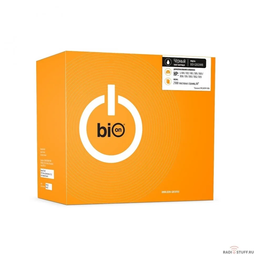 Bion Q2612A Картридж для HP LaserJet 1010/1012/1015/1020/1018/3050z/3055/1022n/1022nw/M1319f/M1005/M1300/3020/3030/3052/1020+ (2000  стр.), Черный, белая коробка