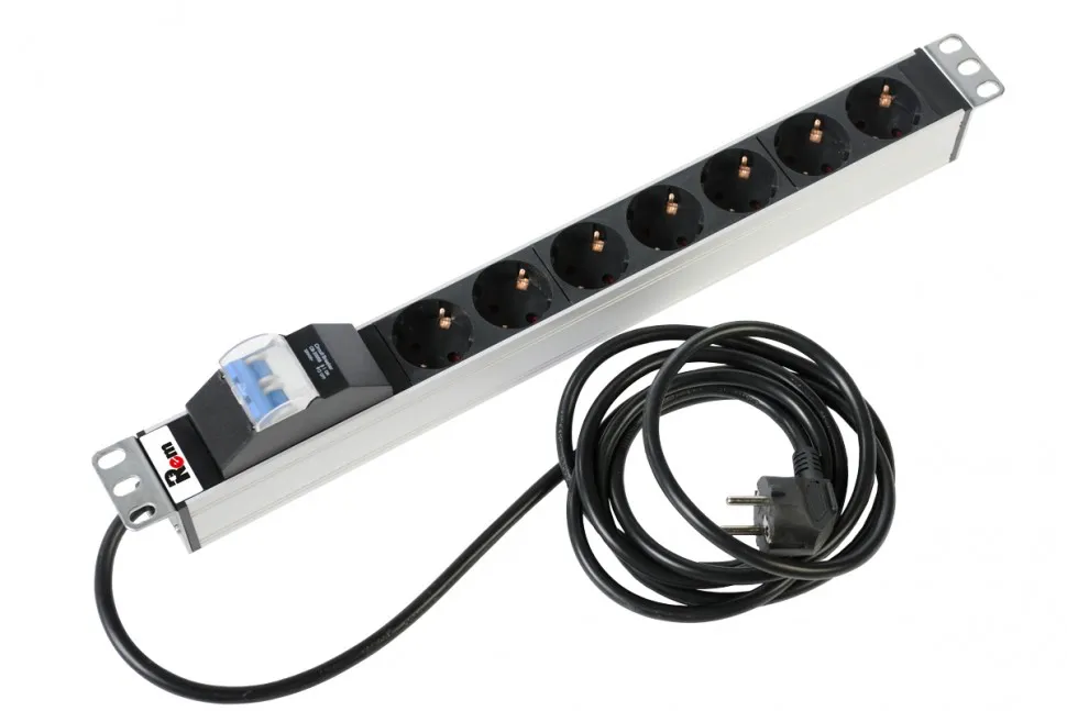 Блок розеток 19", Rem-16, с авт., 16А, 7 розеток Schuko, алюм., шнур 3м, Rem