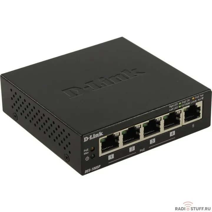 DES-1005P/B1A D-Link коммутатор с 5 портами 10/100Base-TX, функцией энергосбережения и поддержкой QoS (4 порта с поддержкой PoE 802.3af/802.3at (30 Вт), PoE-бюджет 60 Вт)