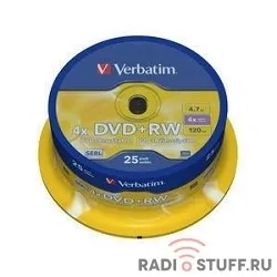 Verbatim  Диски DVD+RW , 4.7Gb 4-х , 25шт, Cake Box (43489)