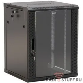Шкаф настенный, 19", 12U, (650x600х600мм), стеклянная дверь с перфорацией по бокам, ручка с замком, черный, разобранный, Hyperline