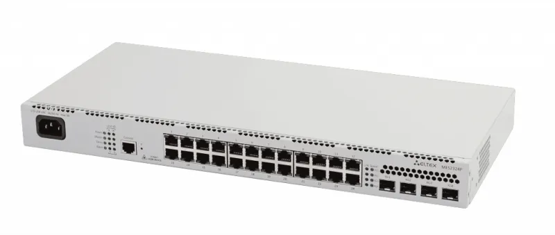 Ethernet-коммутатор MES2324P, 24 порта 10/100/1000 Base-T (PoE/PoE+), 4 порта 10GBase-X (SFP+)/1000Base-X (SFP), L2+, 220V AC