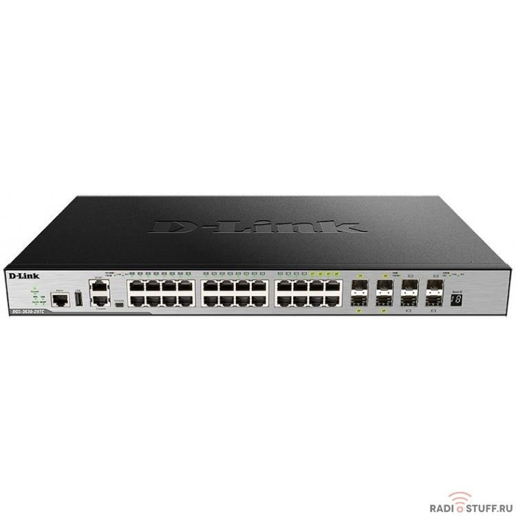 D-Link DGS-3630-28TC/A2ASI PROJ Управляемый стекируемый коммутатор 3 уровня с 20 портами 10/100/1000Base-T,4 комбо-портами 10/100/1000Base-T/SFP, 4 портами 10GBase-X SFP+ и программным обеспечением SI