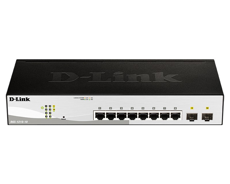 D-Link DGS-1210-10/FL1A Управляемый коммутатор 2 уровня с 8 портами 10/100/1000Base-T и 2 портами 1000Base-X SFP