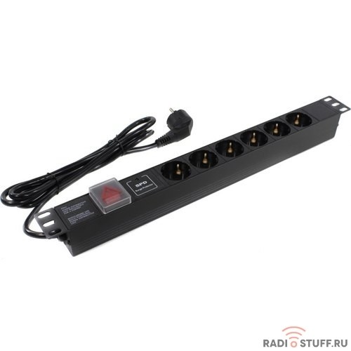 Exegate EX280833RUS Блок розеток ExeGate ServerPro PDU-19H608 Al-6S-EU2-SW-SPD1, 19",1U,алюм, 6Schuko, евровилка,2м,SPD1