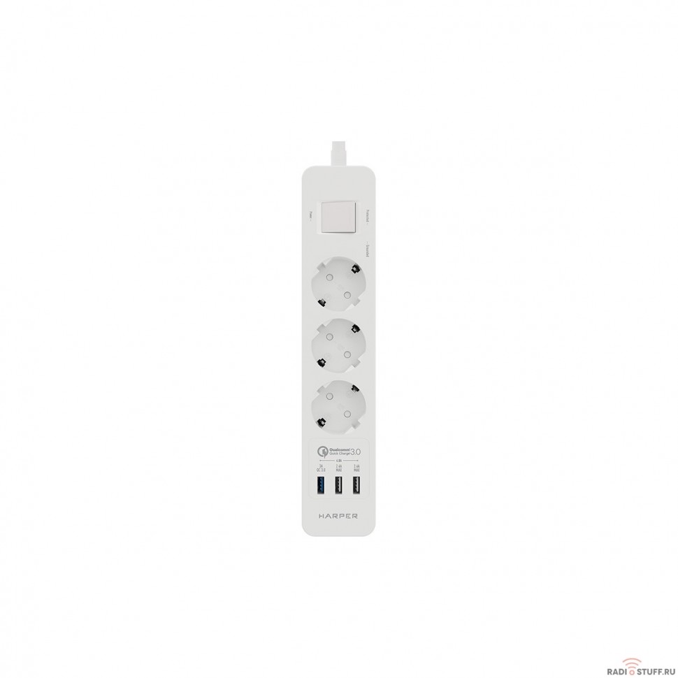 Harper Сетевой фильтр с USB зарядкой UCH-340 White QC3.0 (3 роз.,1,5м., 3 x USB (max 4.8A), 4000W) {H00002821}