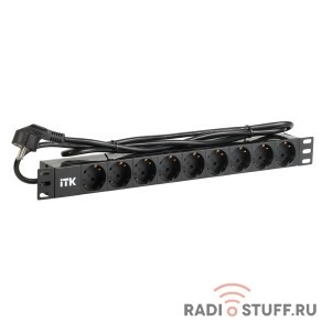 Блок розеток, 9 розеток, нем. ст, 1U, вилка нем. ст, шнур 2м, ПВХ, ITK